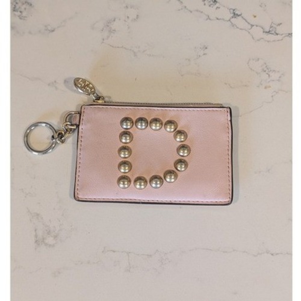 Tory Burch Leather blush card case with key ring, studded monogram design